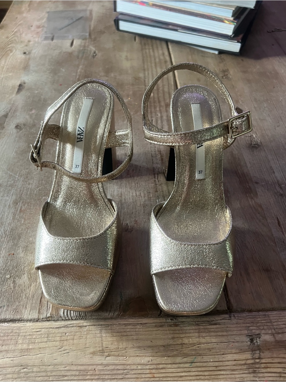 Zara Metallic Gold Platform Block Heel Sandals - Picture 2 of 10